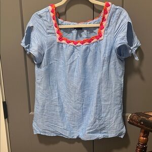 Talbots Light Blue Blouse with Pink and Red Trim